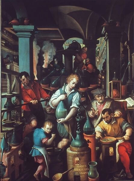 THE ALCHEMISTS. By Jan van der Straet: oil on slate, 1570