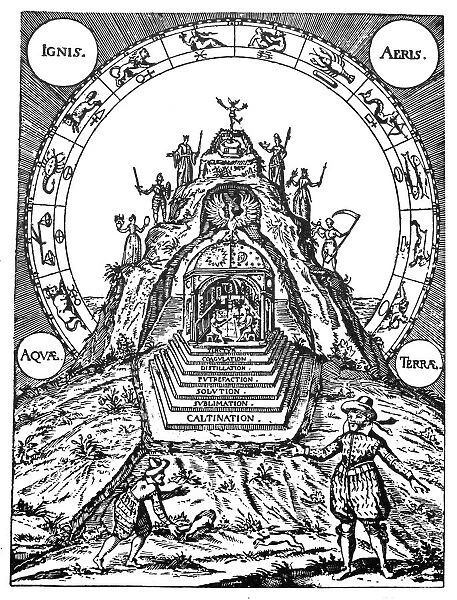 ALCHEMY: MOUNTAIN. The Mountain of the Adepts, containing the Philosophers Stone. Engraving from Stephan Michelspachers Alchemia, 1654