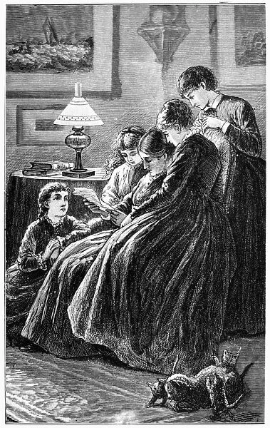 ALCOTT: LITTLE WOMEN. Meg, Jo, Beth and Amy March read a letter with their mother. Engraved illustration from the book, Little Women, by Louisa May Alcott, originally published in 1868
