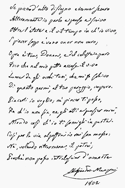 ALESSANDRO MANZONI (1785-1873). Italian novelist and poet. Autograph manuscript of a poem written by Manzoni in 1802