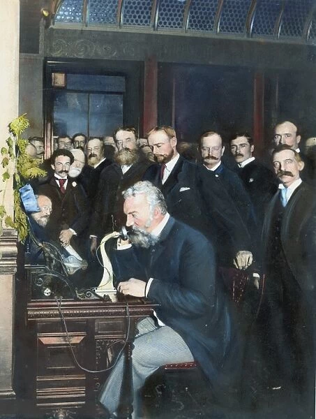 ALEXANDER GRAHAM BELL (1847-1922). American (Scottish-born) teacher and inventor. Bell at the New York end of the first long-distance telephone call to Chicago, 18 October 1892. Oil over a photograph