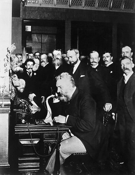 ALEXANDER GRAHAM BELL. Bell at the New York end of the first long-distance telephone