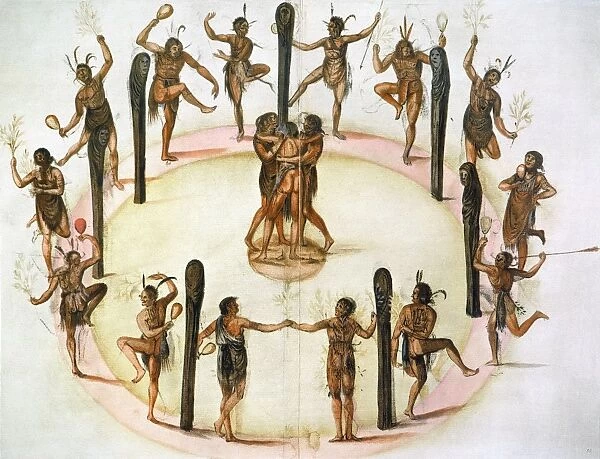 ALGONQUIANS, 1585. Carolina Algonquian Native Americans dancing. Watercolor, c1585