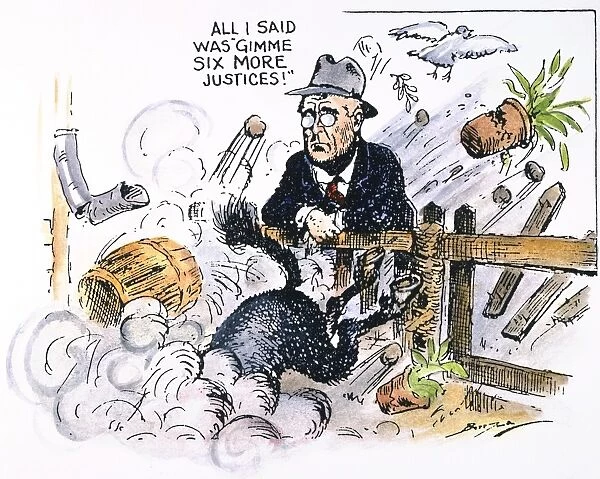 All I Said Was Gimme Six More Justices ! : American cartoon by Clifford K. Berryman showing the Democratic donkey kicking up a storm in opposition to President Roosevelts 1937 Supreme Court reform, or Court-packing, plan