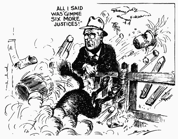 All I Said Was Gimme Six More Justices ! : American cartoon by Clifford K. Berryman showing the Democratic donkey kicking up a storm in opposition to President Roosevelts 1937 Supreme Court Reform Plan