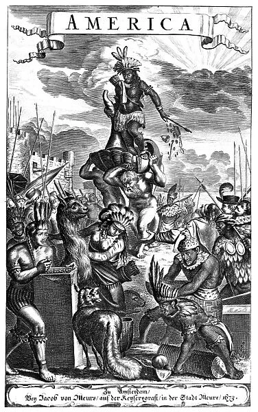 ALLEGORY: AMERICA, 1673. Copper engraving by Jacob van Meurs, Amsterdam, from the title-page of a German translation of Arnoldus Montanus De Nieuwe en Onbekende Weereld ( The New and Unkonwn World ), 1673
