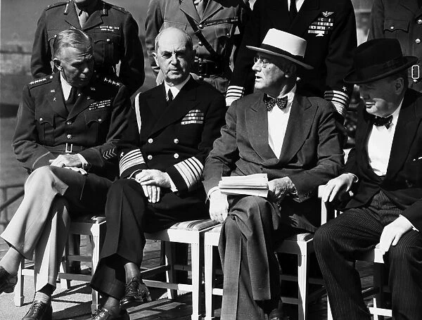 Allied leaders of World War II at the Second Quebec Conference, September 1944. From left: Gen. George C. Marshall, Admiral William Daniel Leahy, President Franklin D. Roosevelt, and Prime Minister Winston Churchill