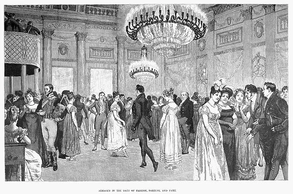 ALMACKs CLUB, c1815. Member of English high society in the ballroom of Almacks Assembly Rooms in London, England, during the Regency. Line engraving, 1890
