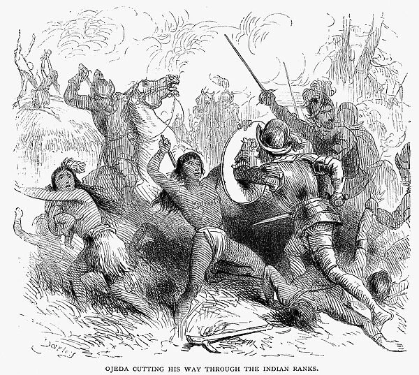 ALONSO de OJEDA (1465?-1515). Spanish explorer. Ojeda and his men battling natives on one of their many expeditions in the West Indies. Wood engraving, American, 19th century