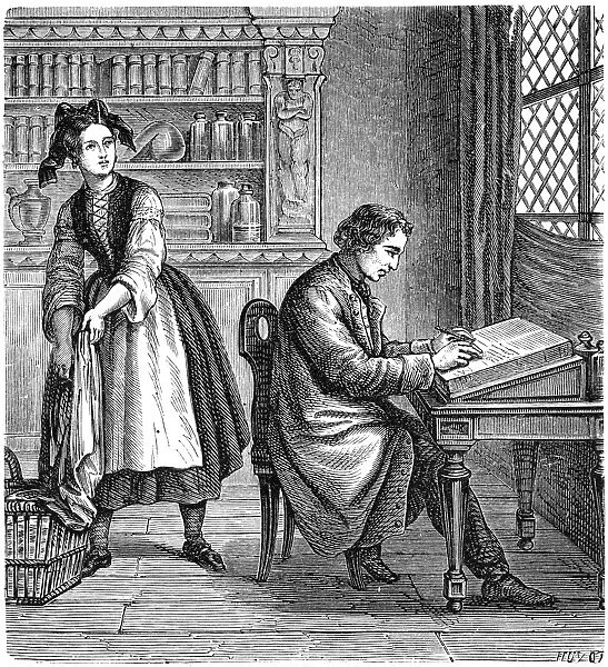 ALOYS SENEFELDER (1771-1834). Bavarian inventor of lithography. Senefelder discovering the process of lithography by chance in 1796. German line engraving, 19th century