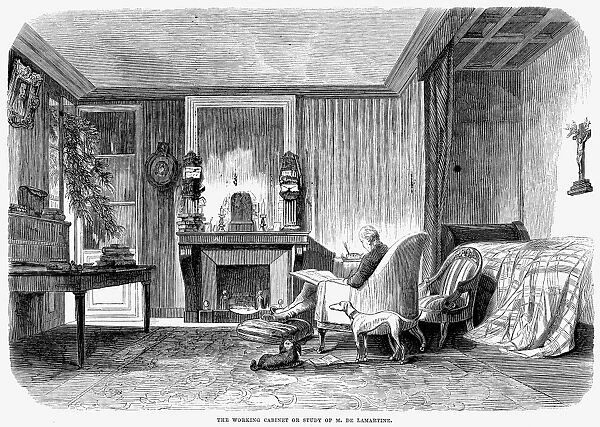 ALPHONSE de LAMARTINE (1790-1869). Alphonse Marie Louis de Prat de Lamartine. French poet. The working cabinet or study of M. de Lamartine. Wood engraving, American, 1856