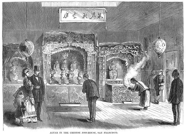 Altar in the Chinese joss house (temple), San Francisco. Wood engraving, American, 1871