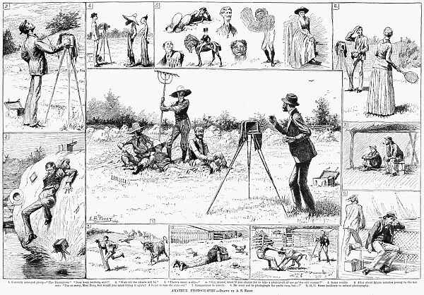 AMATEUR PHOTOGRAPHERS, 1884. Sketches of amateur photographers in comical situations, by A