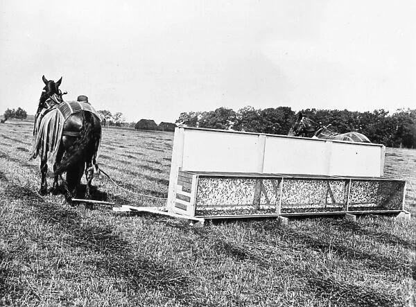 AMERICA: FARMING, c1920. A grasshopper-catching machine drawn by two horses in