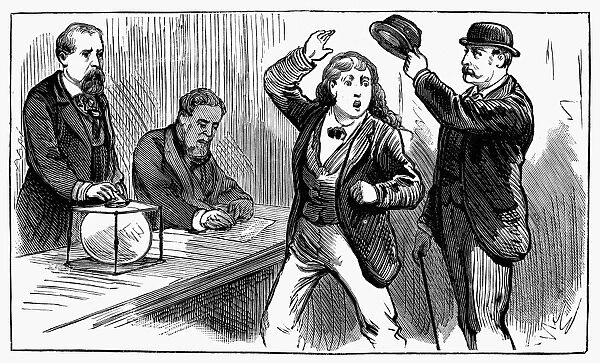 AMERICA: WOMAN VOTER, 1880. A woman attempts to vote in Jersey City, New Jersey, but is foiled by her hair. Line engraving, 1880