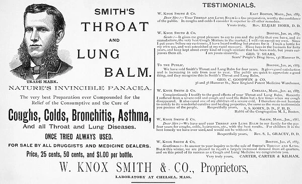 American advertisement, 1887, for Natures invincible panacea, Smiths Throat and Lung Balm