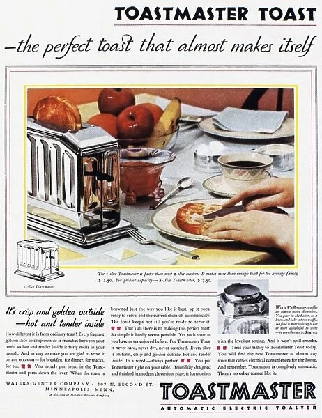 American advertisement, 1931, for the Toastmaster automatic pop-up toaster