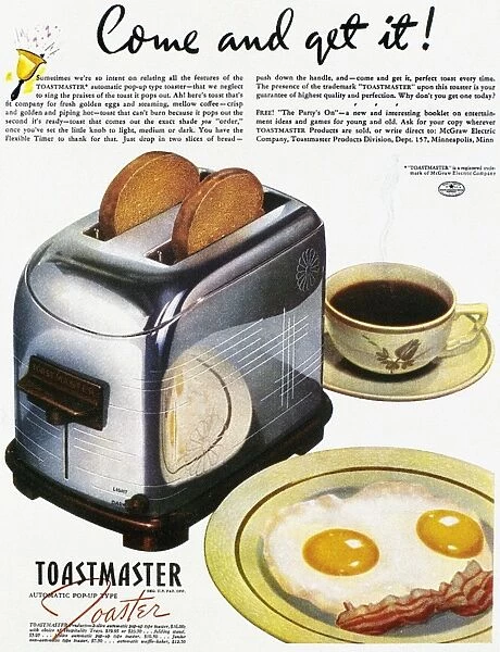 American advertisement, 1938, for the Toastmaster automatic pop-up toaster