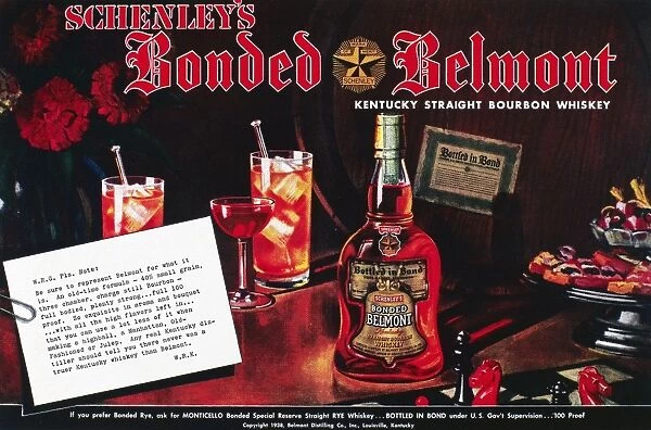 American advertisement for Bonded Belmont Bourbon whiskey, 1938