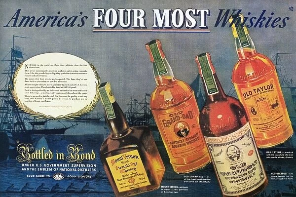 American advertisement for Old Grand-Dad, Old Taylor, Mount Vernon, and Old Overholt whiskeys, 1938