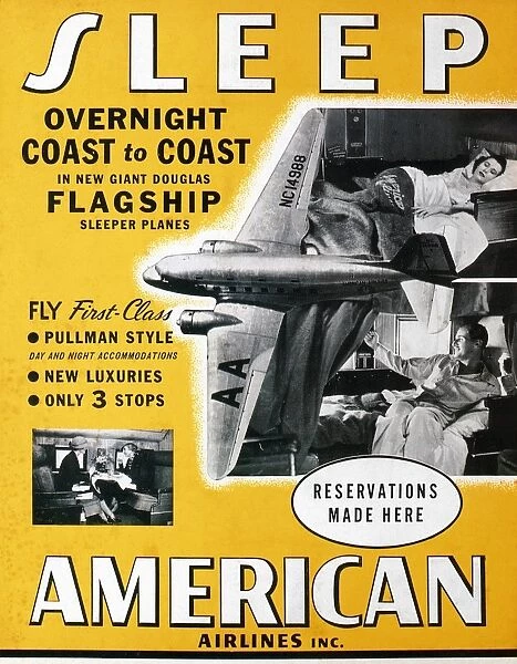 AMERICAN AIRLINES, 1936. An American Airlines display card from 1936 featuring a Giant Douglas Flagship