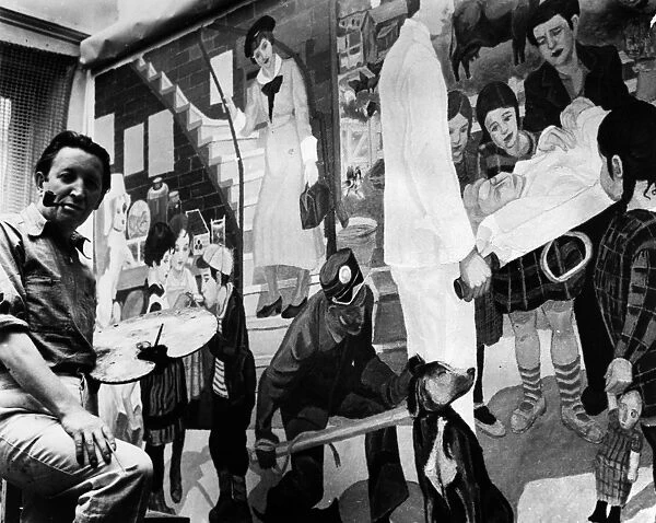 American artist Arthur Faber painting a mural at the Willard Parker Hospital in New York City, funded by the Federal Arts Project, c1940