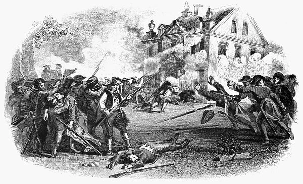 The American attack on the house of Benjamin Chew, a British stronghold during the Battle of Germantown, Pennsylvania, 3-4 October 1777. Steel engraving, 19th century