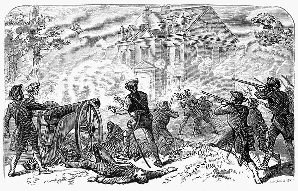 The American attack on the house of Benjamin Chew, a British stronghold during the Battle of Germantown, Pennsylvania, 3-4 October 1777. Wood engraving, 19th century