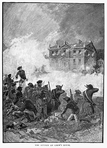 The American attack on the house of Benjamin Chew, a British stronghold during the Battle of Germantown, Pennsylvania, during the American Revolution, 3-4 October 1777. Line engraving, 19th century