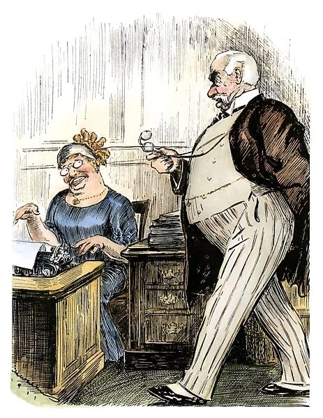 American banker and financier J. P. Morgan gives dictation to his secretary, an obedient U. S. President Theodore Roosevelt (left). American cartoon, c1905