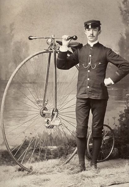 AMERICAN BICYCLIST, 1880s. With his high-wheeler. Original cabinet photograph of the 1880s