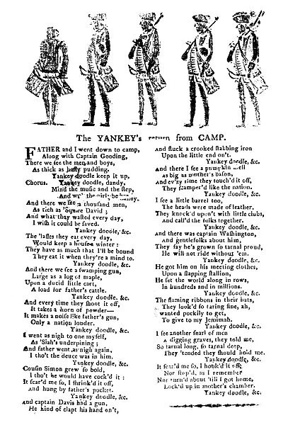 American broadside of 1775 with a song, The Yankeys return from Camp, describing Captain Washington as grown so tarnal-proud