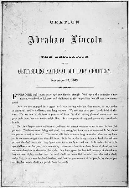 American broadside printed with the text of Abraham Lincolns Gettysburg Address at the dedication of the Gettysburg National Military Cemetery, 19 November 1863