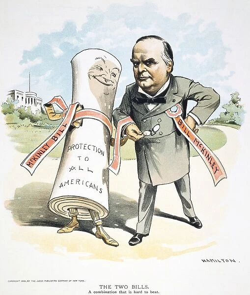 American cartoon, 1896, by Grant Hamilton of William McKinley as the candidate of protection and prosperity