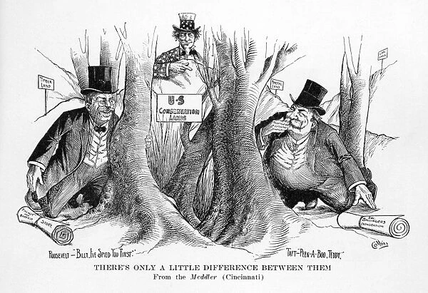 American cartoon on the 1911 controversy between Richard Ballinger, President Tafts Secretary of the Interior, and Gifford Pinchot, the chief forester, during which former president Theodore Roosevelt (left) sided with Pinchot, and President Taft upheld his Interior Secretary