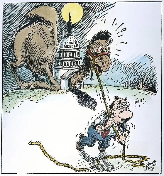 American cartoon, 1937, showing President Franklin D. Roosevelt attempting the impossible task of pulling his Supreme Court reform plan through the U. S. Senate