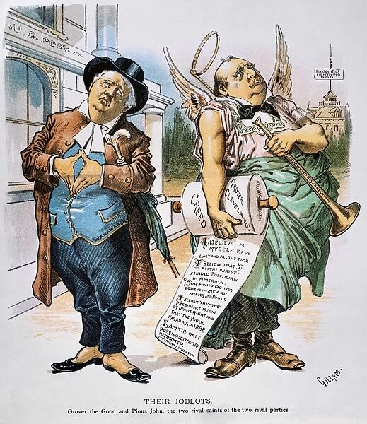 American cartoon by Bernard Gillam, 1892, of John Wanamaker and Grover Cleveland as rivals for sanctimonius sainthood in their respective political parties