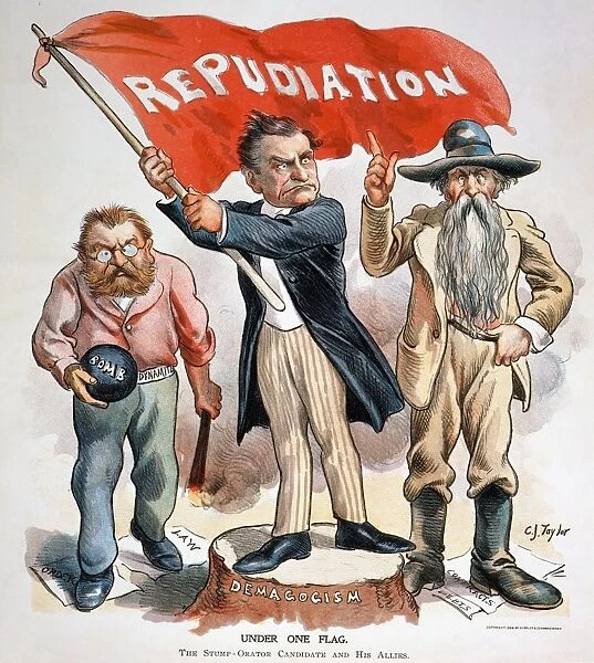 American cartoon by C. Jay Taylor, 1896, of William Jennings Bryan waving the banner of Free Silver and allied with an anarchist and a Western Populist