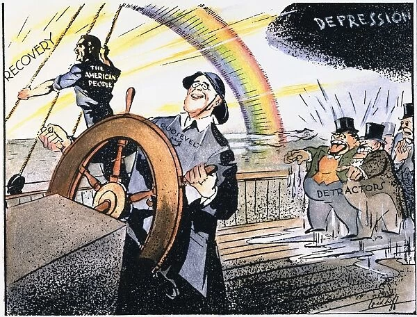 American cartoon, c1934, showing President Franklin D. Roosevelt steering the ship of state toward economic recovery, while his detractors continue to grumble under the Depression cloud