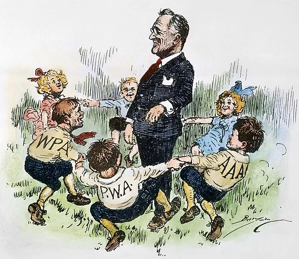 American cartoon, c1935, by Clifford Berryman showing President Roosevelt encircled by some of his New Deal agencies, including the Works Progress Administration, Public Works Administration, and Agricultural Adjustment Administration