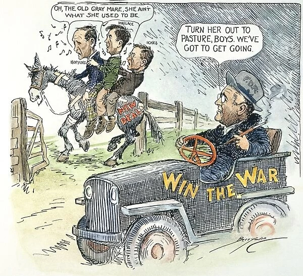 American cartoon by Clifford Berryman, 1943, illustrating President Roosevelts remark that Dr. Win the War was supplanting Dr. New Deal