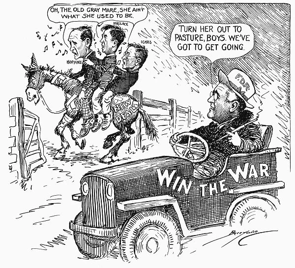 American cartoon by Clifford Berryman, 1943, illustrating President Roosevelts remark that Dr. Win the War was supplanting Dr. New Deal in the priorities of his administration
