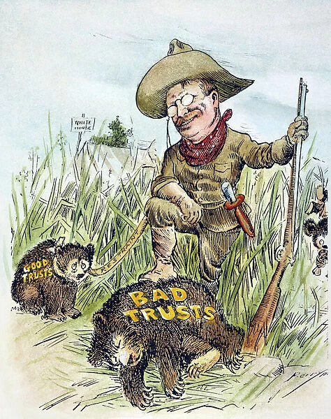 American cartoon by Clifford Berryman, c1909, showing President Theodore Roosevelt slaying those trusts he considered bad for the public interest while restraining those whose business practices he considered good for the country