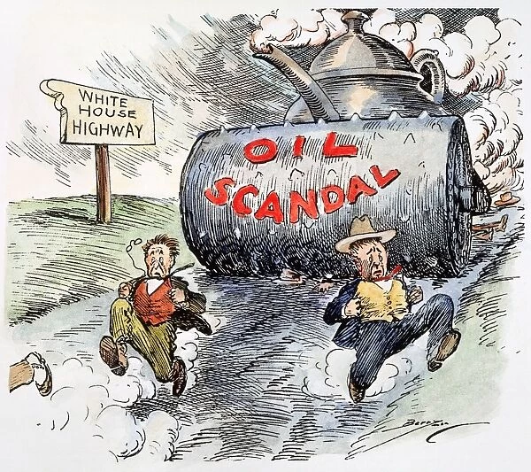 American cartoon by Clifford K. Berryman, 1924, showing Washington officials racing down an oil slicked road to the White House, trying desperately to outpace the Teapot Dome scandal