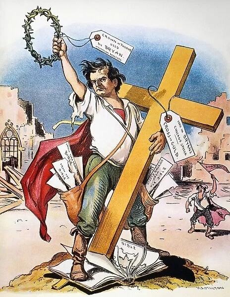 American cartoon by Grant Hamilton, 1896, on William Jennings Bryans Cross of Gold speech at the Democratic National Convention in Chicago, which won Bryan the presidential nomination