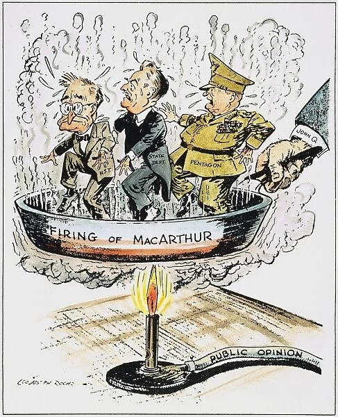American cartoon by L. J. Roche, 1951, showing President Harry S. Truman, Secretary of State Dean Acheson, and the Pentagon in the proverbial frying pan over Trumans decision to remove General Douglas MacArthur from his post as supreme commander of U. N. forces in Korea