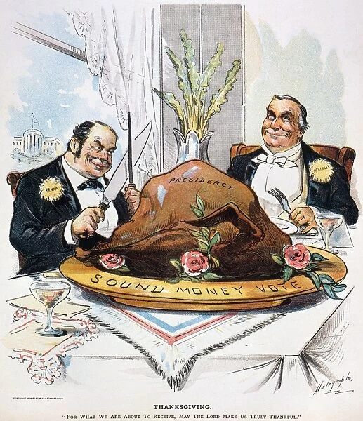 American cartoon by Louis Dalrymple, 1896, on businessman Mark Hanna dividing the spoils of the Presidency with newly-elected Republican William McKinley