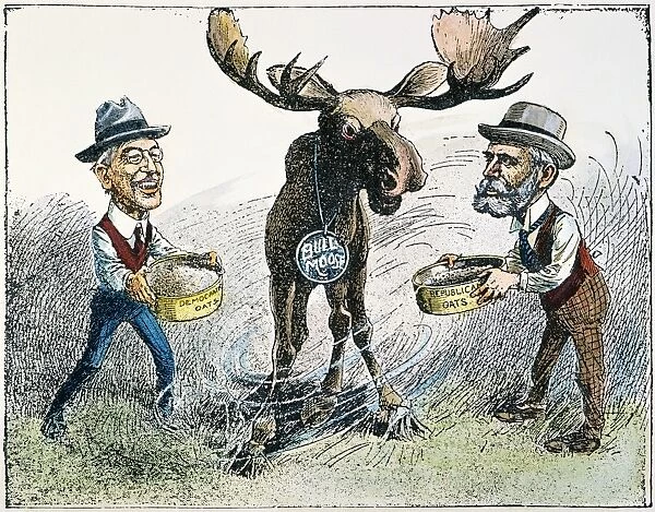 American cartoon on the presidential campaign of 1916, showing Democratic candidate Woodrow Wilson and Republican candidate Charles Evans Hughes each trying to win the support of Theodore Roosevelts Progressive ( Bull Moose ) Party