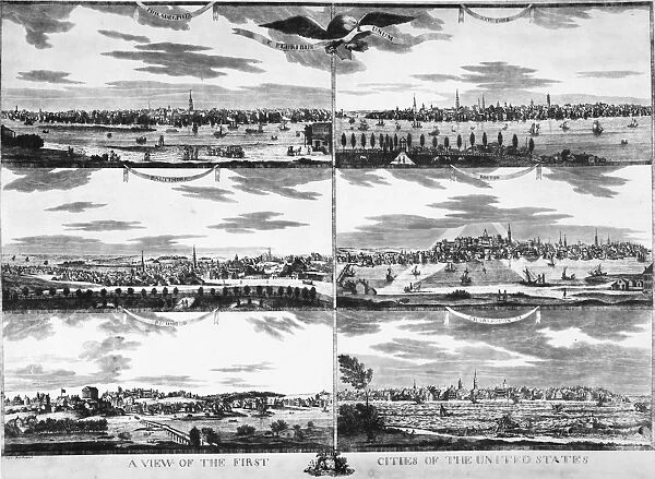 AMERICAN CITIES, c1810. Views of Philadelphia, New York, Baltimore, Boston, Richmond and Charleston, First Cities of the United States. Line engraving, c1810