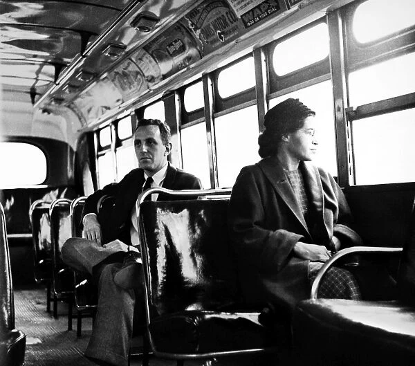 American civil rights advocate. Parks sits at the front of a public bus (formerly whites only ) in Montgomery, Alabama, 21 December 1956. Seated behind her is reporter Nicholas C. Criss